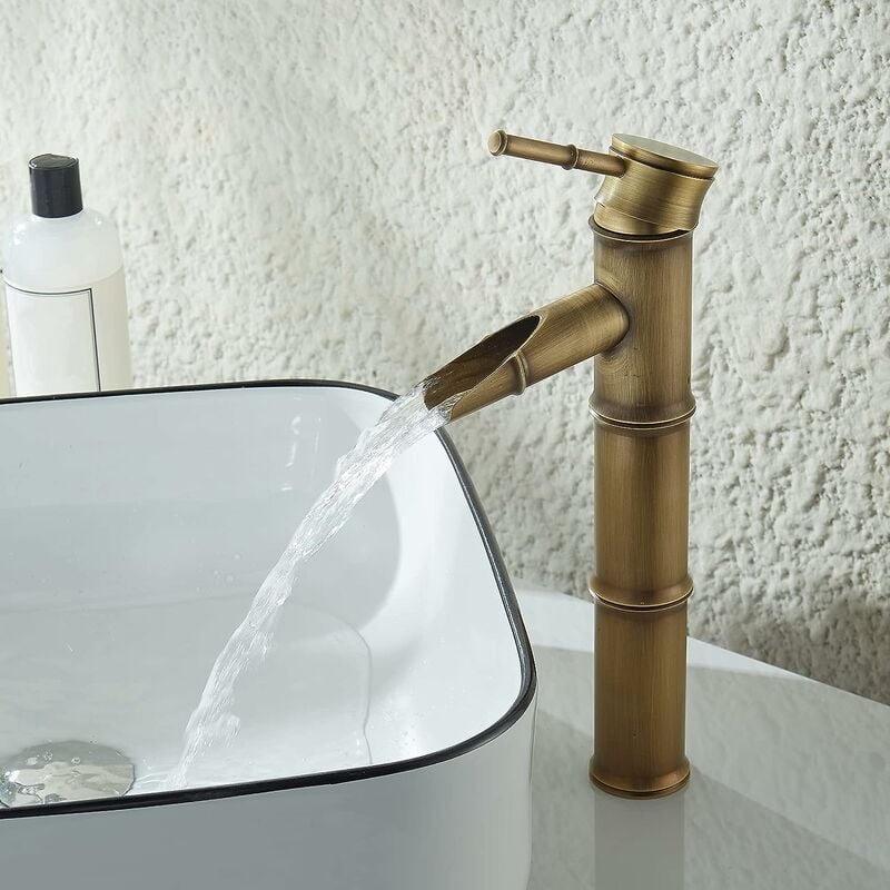 Waterfall Bathroom Sink Faucet, Brass Single Handle Sink Faucet, Bathroom Sink Faucet, Single Lever Antique Brass Bamboo Bathroom Sink Mixer Sink