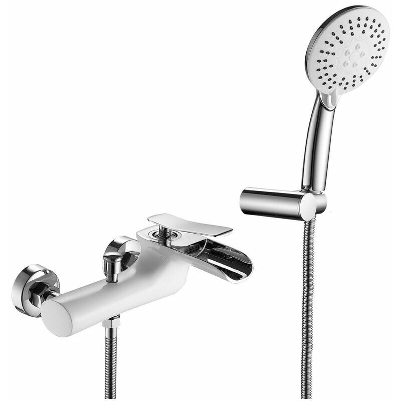 Soleil - Waterfall Bathtub Faucet White and Chrome Wall Mounted Bathtub Mixer Tap with abs Hand Shower, Single Handle Shower Faucet for Bathroom