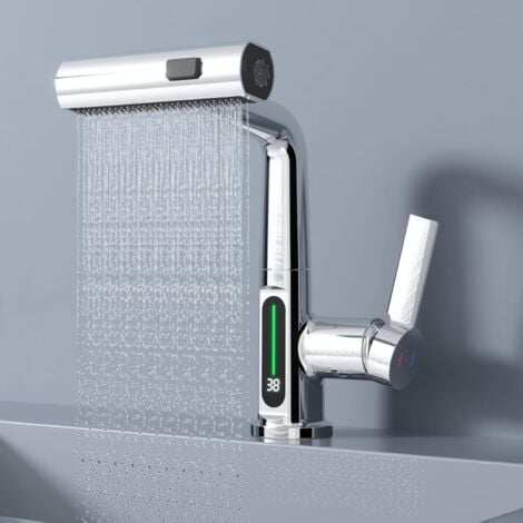 Waterfall Kitchen Faucet with Sprayer Brushed Nickel Stainless Steel Pull Down Kitchen Faucet Rotatable Farmhouse Commercial Bar Faucet, Silver Color