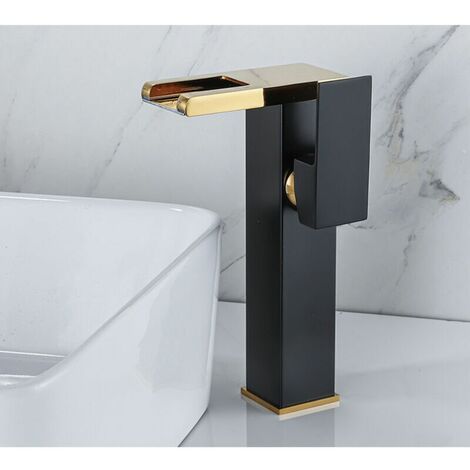 Waterfall LED bathroom mixer, black gold accent