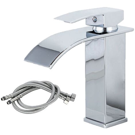 LINGHHANG Waterfall Sink Faucet, UPGRADE Modern Bathroom Mixer Tap, Brass Large Square Spout Faucet, Hot and Cold Water Available, Silver