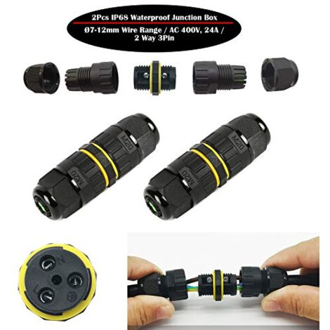 Waterproof Connector Box/ 2 pcs IP68 Waterproof Cable Connector/External Sheath Connector/Max Ø12mm Cable Connector/ Weatherproof Outdoor Connection Cable Socket (3 Pole)