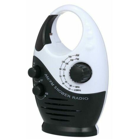 Waterproof Shower Radio Mini AM FM Adjustable Shower Radio with Top Handle, Suitable for Shower/Sleep/Garage etc, No Zero, Black/White