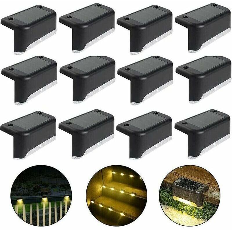 Waterproof solar fence light, solar deck light, stair light, IP65 LED solar garden lights for patio stair fences (Warm Light-Black, 12 PCS).
