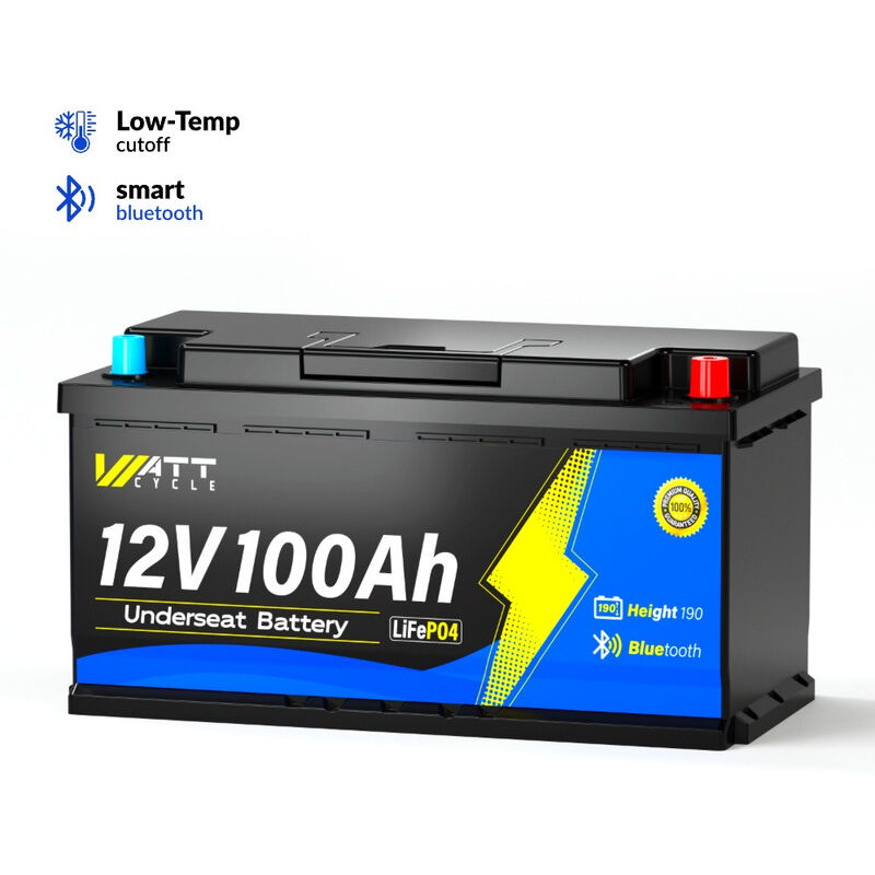 WattCycle Batterie LiFePO4 12V 100Ah Bluetooth, BMS 100A, Protection -20°C, 15 000 cycles (H:188mm) Camping-Car/Bateau/Solaire
