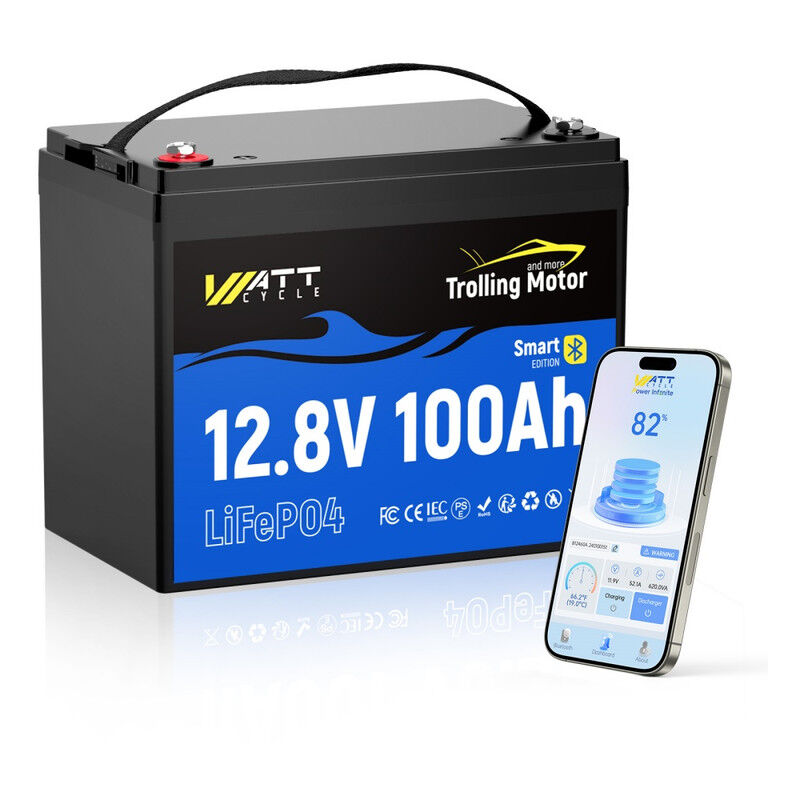 Batterie Lithium 12V 100Ah LiFePO4 avec Bluetooth 120BMS Protection Basse Température, 5000-15000 Cycles, Idéale pour Bateau , Moteur de Pêche,