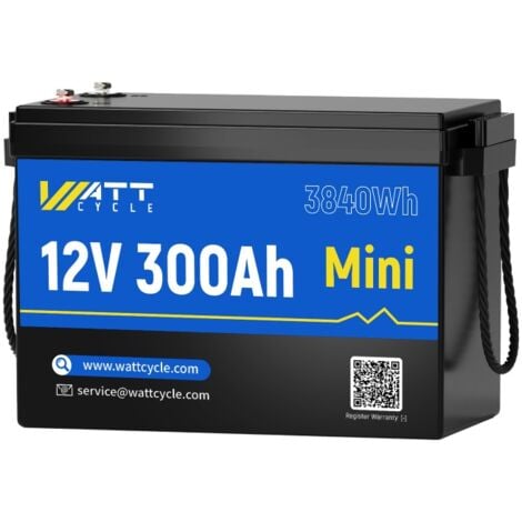 WattCycle Batterie lithium 12V 300Ah Lifepo4 Rechargeable Batterie avec cycle profond Max. 6000 fois et protection BMS pour systeme solaire, bateau, kit de panneau solaire, camping-car