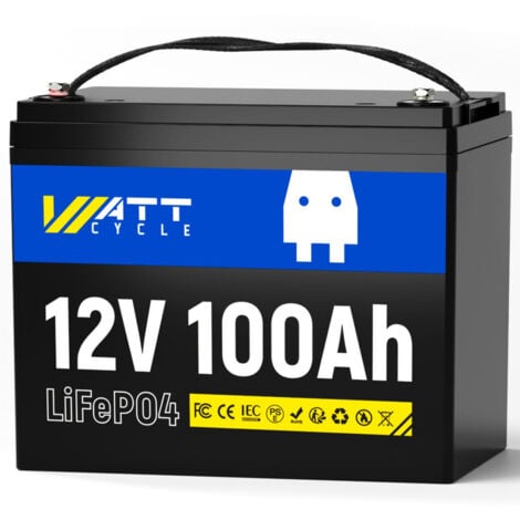 WattCycle Batterie Lithium LiFePO4 12V 100Ah 100A BMS, 1280Wh Max.15000 Cycles Rechargeable Coupure Basse Température Idéale pour Système Solaire, Camping-Car, Caravane, Bateau, Stockage d'Énergie Dom