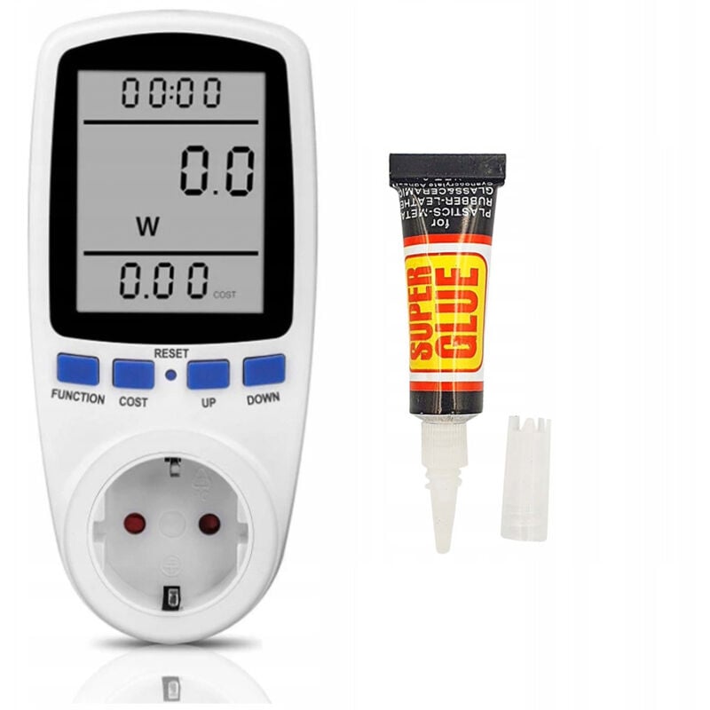 Wattmetro/contatore consumo elettrico collegato alla rete + Colla cianoacrilica Super Glue 3g 1 pz.