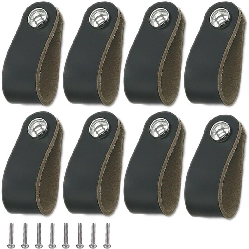8 Pièces Poignee Cuir, Cabinet Poignée en Cuir Noir, Poignée en Cuir Avec Vis, Poignée de Porte en Cuir pu Souple, Facile à Installer, Convient à