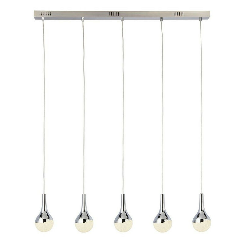 Wave Teardrop 5 Light Led Bar Pendant, Crushed Ice Effect Shade, Chrome - Searchlight