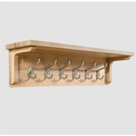 Waverly Oak Coat Rack 6 Hooks Hanger | Wooden Wall Mounted Storage Unit with Shelf in Light Oak Finish