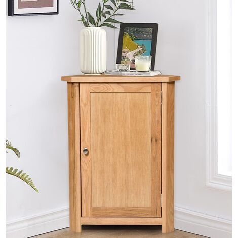 Waverly Oak Compact Corner Storage Cabinet in Light Oak Finish | Low Cupboard with Shelf | Solid Wooden Unit