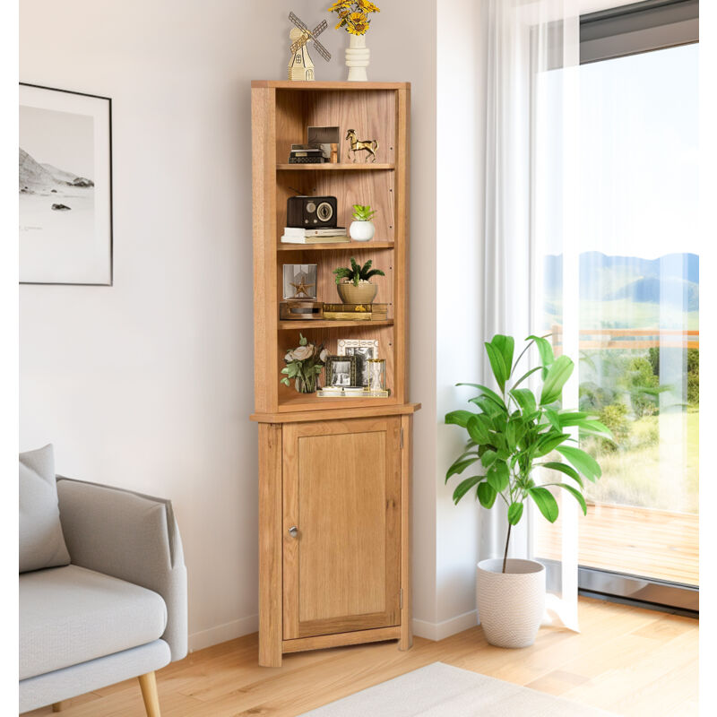 Waverly Oak Corner Display Cabinet in Light Oak Finish–Solid Wooden Storage Unit with 5 Adjustable Shelves & Cupboard for Living Room & Hallway –
