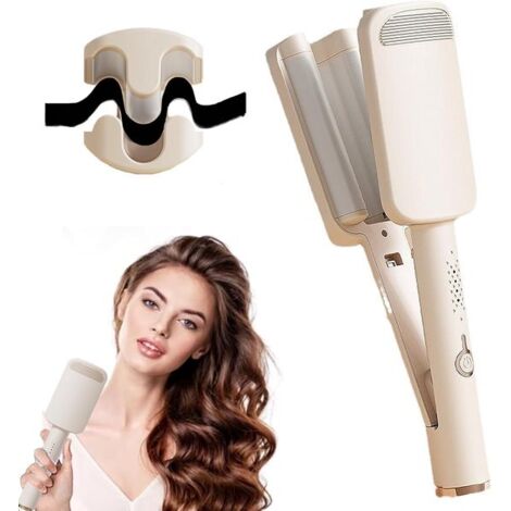 Wavy Curling Iron - Ionic Deep Waves - Ceramic 3-in-1 Curling Brush - Fast Heating - Four Temperature Settings - Anti-Scalding - Universal Voltage - Suitable for Short and Long Hair - Beige