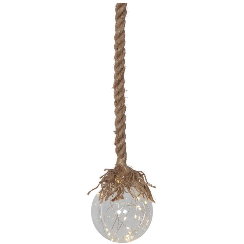 Suspension boule lumineuse 'Jutta' en verre sur corde de jute, 15 led Dew Drop, piles + minuteur, transparente, h 140 cm Suspension boule lumineuse 'Jutta' en verre sur corde de jute, 15 led Dew Drop, piles + minuteur, transparente, h 140 cm