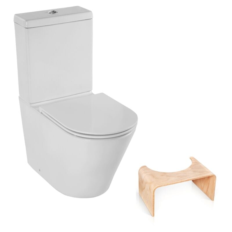 Jacob Delafon - wc au sol sans bride Rodin+ sortie vario avec abattant + tabouret physiologique bois