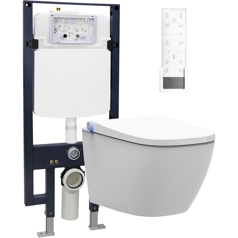 Toilettes wc japonaises suspendus céramique Blanc + Bâti-support, Télécommande, filtre odeur, Séchoir air chaud, veilleuse led - 59,3x38,4x38cm
