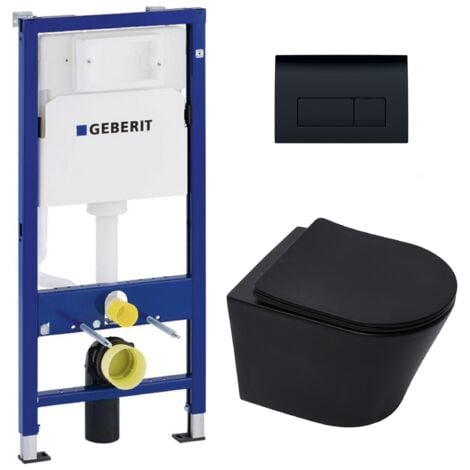 GEBERIT WC-Pack Vorwandelement Duofix + WC ohne Spülrand SAT Infinitio Schwarz matt + Sitz mit Fallbremse + Delta 50 Betätigungsplatte