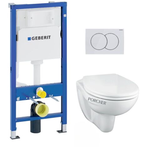 WC Set Pack DuofixBasic Vorwandelement + Porcher Hänge-WC spülrandlose + Geberit DELTA50 weiße Platte (PorcherGeb1-DE)