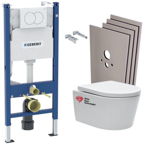 WC Set Vorwandelement 112cm + Toilettenschüssel SAT spülrandlos + Weiße Platte + Vekleidungsset (SATrimlessGeb3-