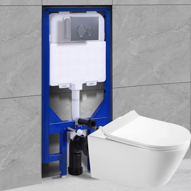 WC suspendu avec siège amovible - avec abaissement automatique + élément mural pour WC à faible saillie+ plaque de poussée pour WC