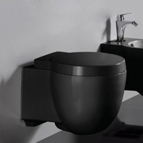 WC Suspendu Compact avec Abattant Céramique Noir brillant 50x41cm Charm