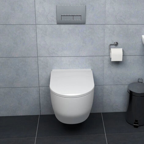 WC suspendu en céramique blanche sans bride avec abattant à fermeture douce (Soft Close)