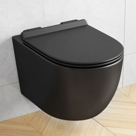 WC suspendu noir – ERIWT421MB – Cuvette sans rebord en porcelaine vitrifiée – Système de chasse double gravité – Installation murale – Eridanus