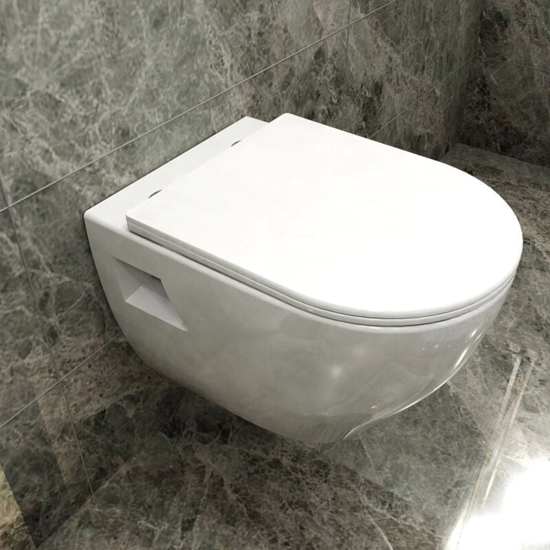 WC suspendu sans bride avec sortie horizontale et abattant à fermeture progressive