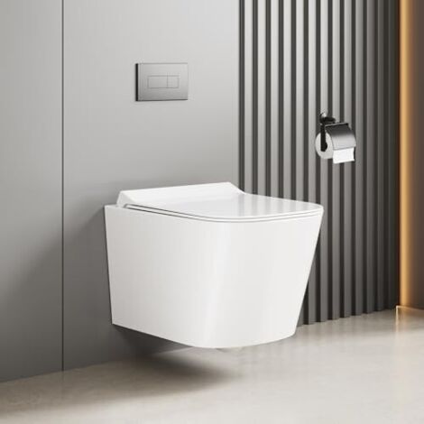 Wc Suspendu Sans Bride, En CéRamique, Avec Abattant Amovible à Fermeture Ralentie Et SystèMe De Chasse D'Eau Performant, Forme En U, Longueur 51 cm, Blanc