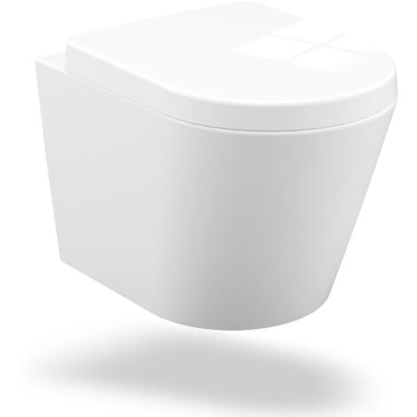 WC Suspendu Sans Bride, Ensemble WC Suspendu En CéRamique Avec Abattant Amovible à Fermeture Ralentie Et SystèMe De Chasse D'Eau Performant, Forme En D, Longueur 51 cm, Blanc
