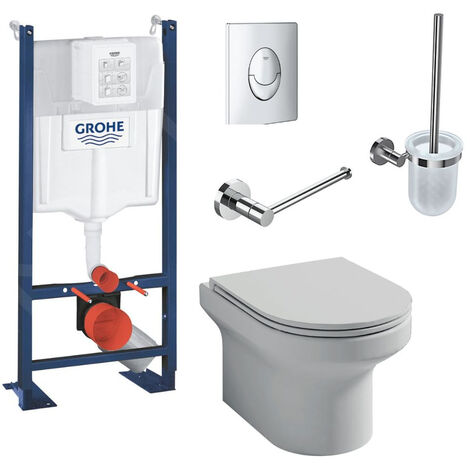 WC suspendu sans bride JACOB DELAFON Elite + bâti-support GROHE + abattant + accessoires, Porte-balai + porte rouleau rond, chrome
