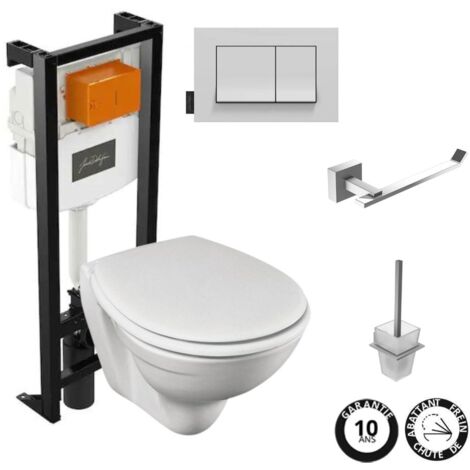 WC suspendu sans bride JACOB DELAFON Patio + bâti-support + accessoires, Porte-balai + porte rouleau carré