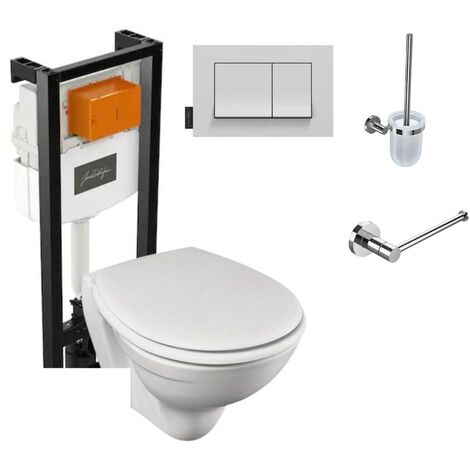 WC suspendu sans bride JACOB DELAFON Patio + bâti-support + accessoires, Porte-balai + porte rouleau rond