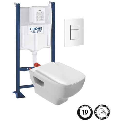 WC suspendu sans bride Jacob Delafon Struktura + abattant + Bâti support + Even Plaque de commande WC carré blanc