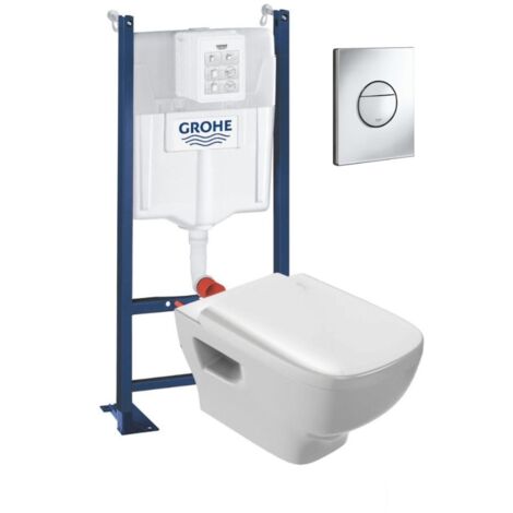 WC suspendu sans bride Jacob Delafon Struktura + abattant + Bâti support + Sail Plaque de commande WC rond chromé