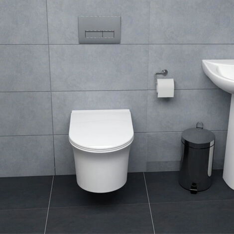 WC Suspendu Sans Bride (Rimless) en Céramique Blanche avec Abattant à Fermeture Douce (Soft Close)