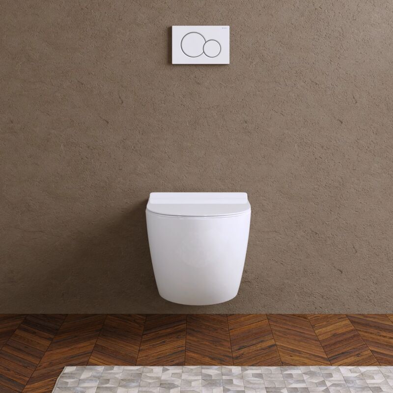 WC suspendu sans rebord à faible encombrement en céramique blanche polie avec siège à fermeture progressive Mod. Parigi