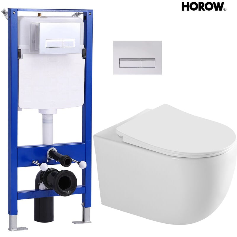 Horow - wc suspendu sans rebord avec élément de bâti-support wc mural courte saillie 50cm insonorisation élément de bâti-support Set wc sans rebord +