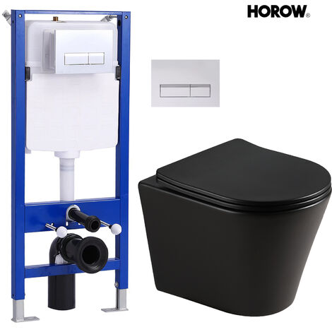 WC suspendu sans rebord avec réservoir caché et plaque de poussée chromée, WC en céramique noir mat, WC mural, WC avec chasse d'eau rotative