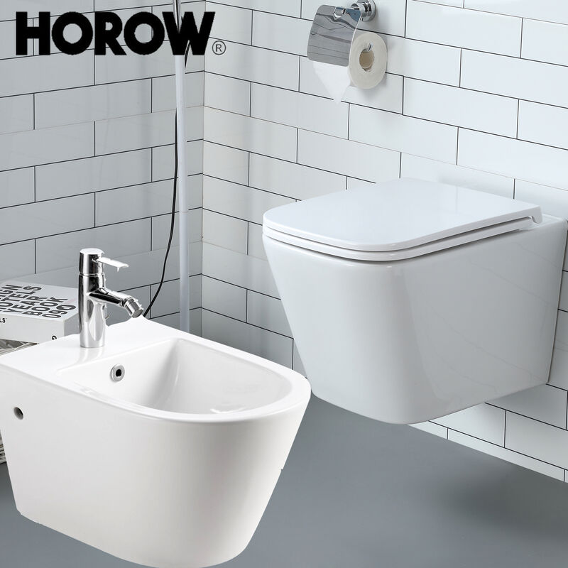 Horow - wc suspendu sans rebord et bidet mural, siège amovible Soft Close, chasse d'eau rotative
