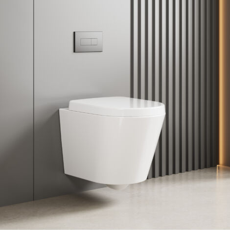 WC suspendu, WC sans rebord - chasse d'eau double trou 360°, WC suspendu, cuvette de WC, chasse d'eau, silencieux, cuvette de WC et abattant de WC avec mécanisme de fermeture amortie, blanc