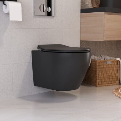 WC Suspendue Noire en Céramique de Haute Qualité avec Design Sans Rebord, Abattant Softclose Silencieux et Fermeture en Douceur au Style Moderne et Élégant – DeerValley