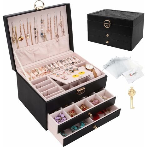 WddnAot Boîte à bijoux, Organisateur de bijoux avec 2 tiroirs, Boîte de rangement de bijoux en cuir à 3 couches avec serrure, Coffret à Bijoux pour collier, d'oreille, bracelet, Noir