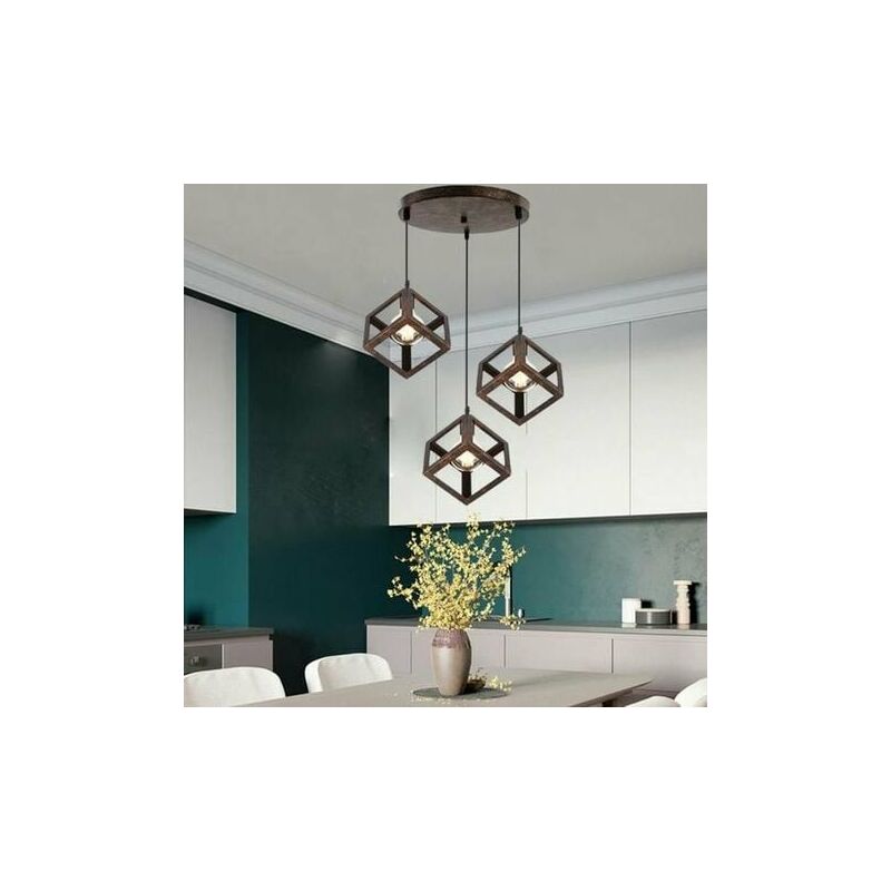Suspension 3 Luminaire Design Cube Metal Industriel Lustre I