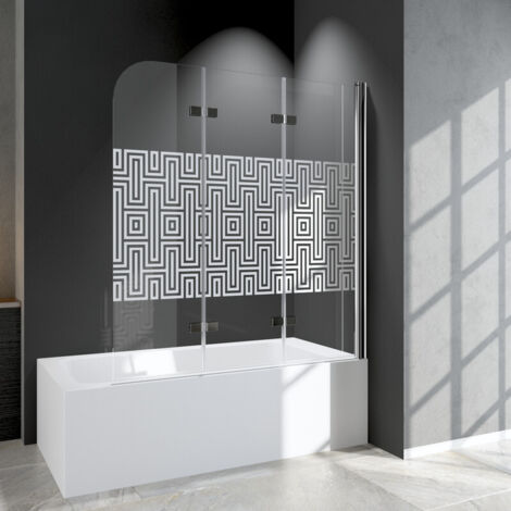 WDWRITTI 140 x 140 cm Pare-baignoire 3 pièces pliable Paroi de douche, paroi de douche pour baignoire Paroi de douche pour baignoire avec labyrinthes blancs rayés en verre de sécurité ESG 6 mm
