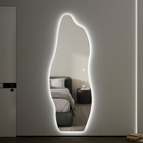 WDWRITTI Asymmetrischer Standspiegel mit Beleuchtung 165 x 60 cm groß Asymmetrischer Ganzkörperspiegel mit Beleuchtung Asymetrischer Spiegel für Ankleidezimmer, Schlafzimmer, Wohnzimmer