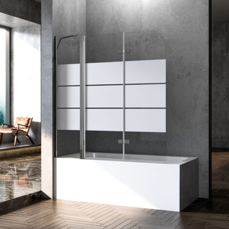 WDWRITTI Pare-baignoire 150 x 140 cm, 3 pièces, pliable, rayé Paroi de douche pour baignoire avec segment fixe Paroi de douche en verre de sécurité ESG 6 mm, paroi de douche Paroi de baignoire