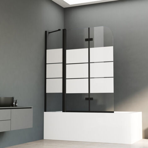 WDWRITTI Pare-baignoire noir 160 x 140 cm, 3 pièces, pliable, rayé Paroi de douche pour baignoire avec segment fixe Paroi de douche en verre de sécurité ESG 6 mm, paroi de douche Paroi de baignoire
